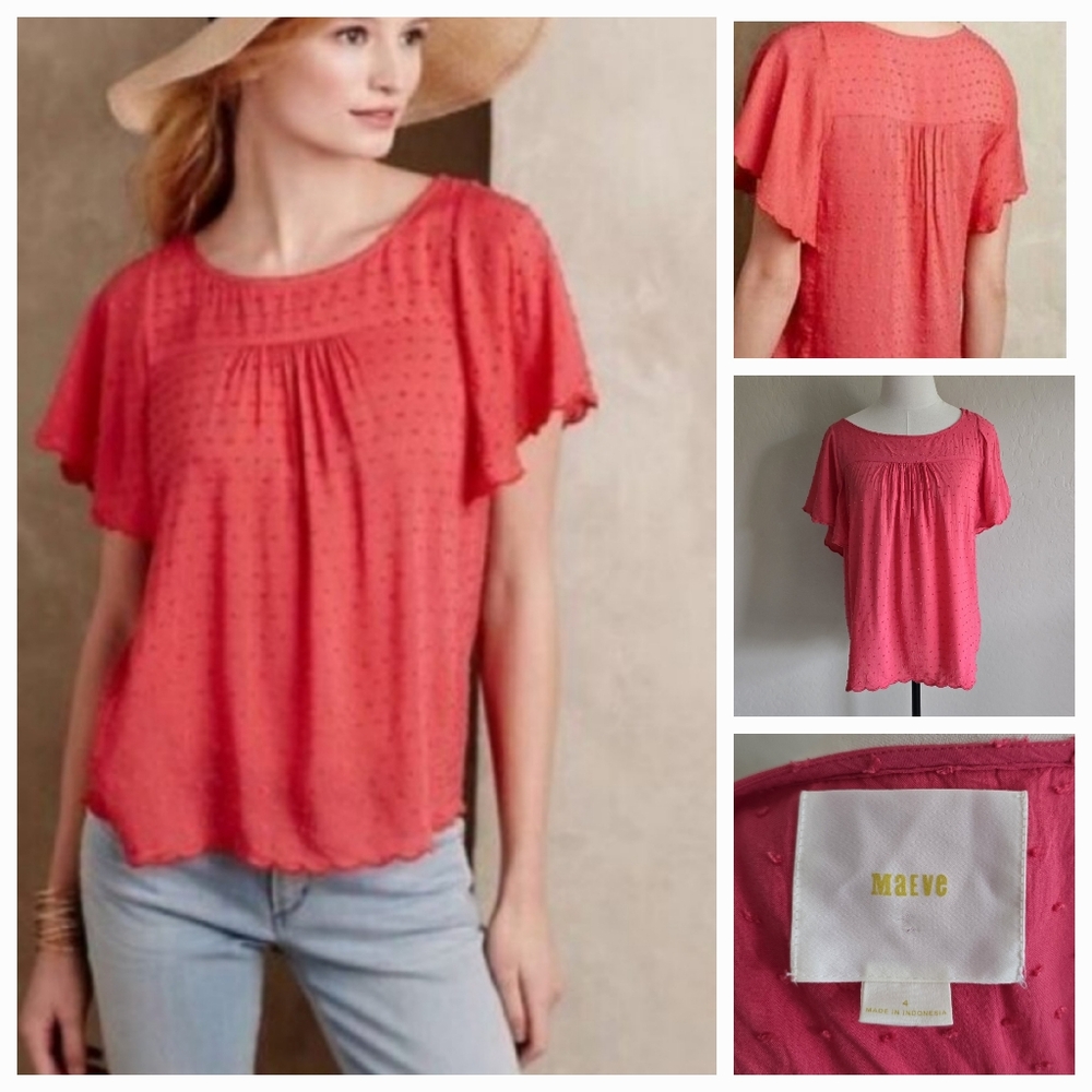 ⭐4/$20‎ Anthro Maeve Coral Kemi Swiss Dot Short Sleeve Top Size 4